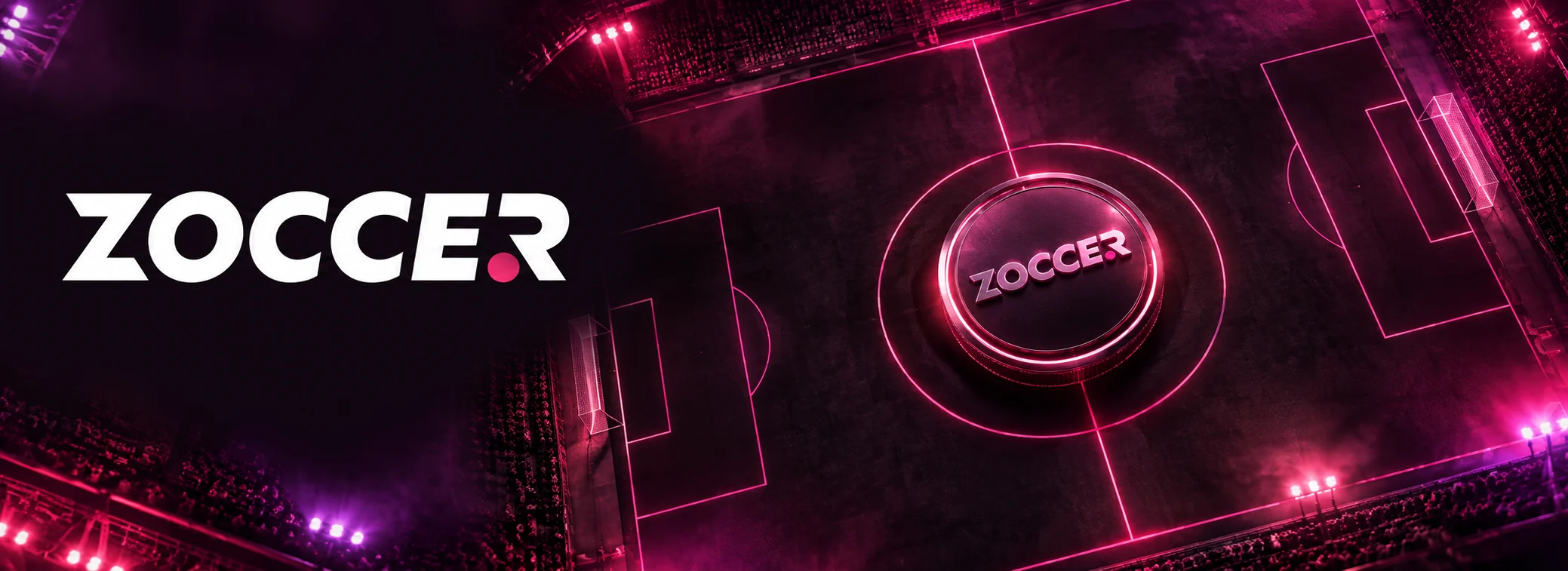 Zoccer Casino Banner mit Fußballplatz aus der Vogelperspektive und dem Willkommensbonus 100 % bis 500 € plus 200 Freispiele